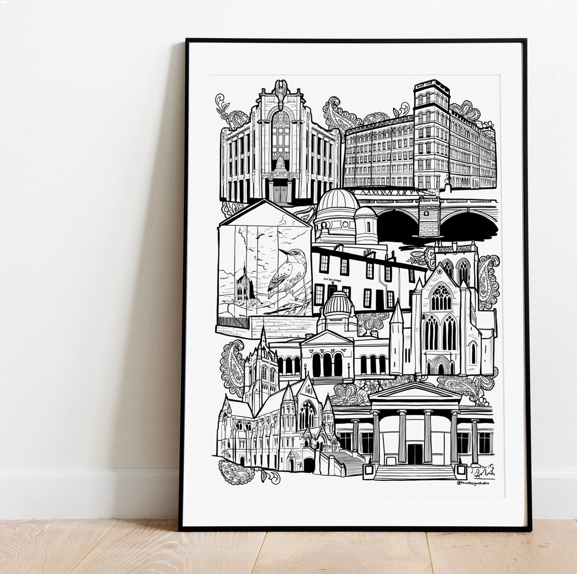 Paisley Scotland Landmarks Black And White Illustrated Art Print