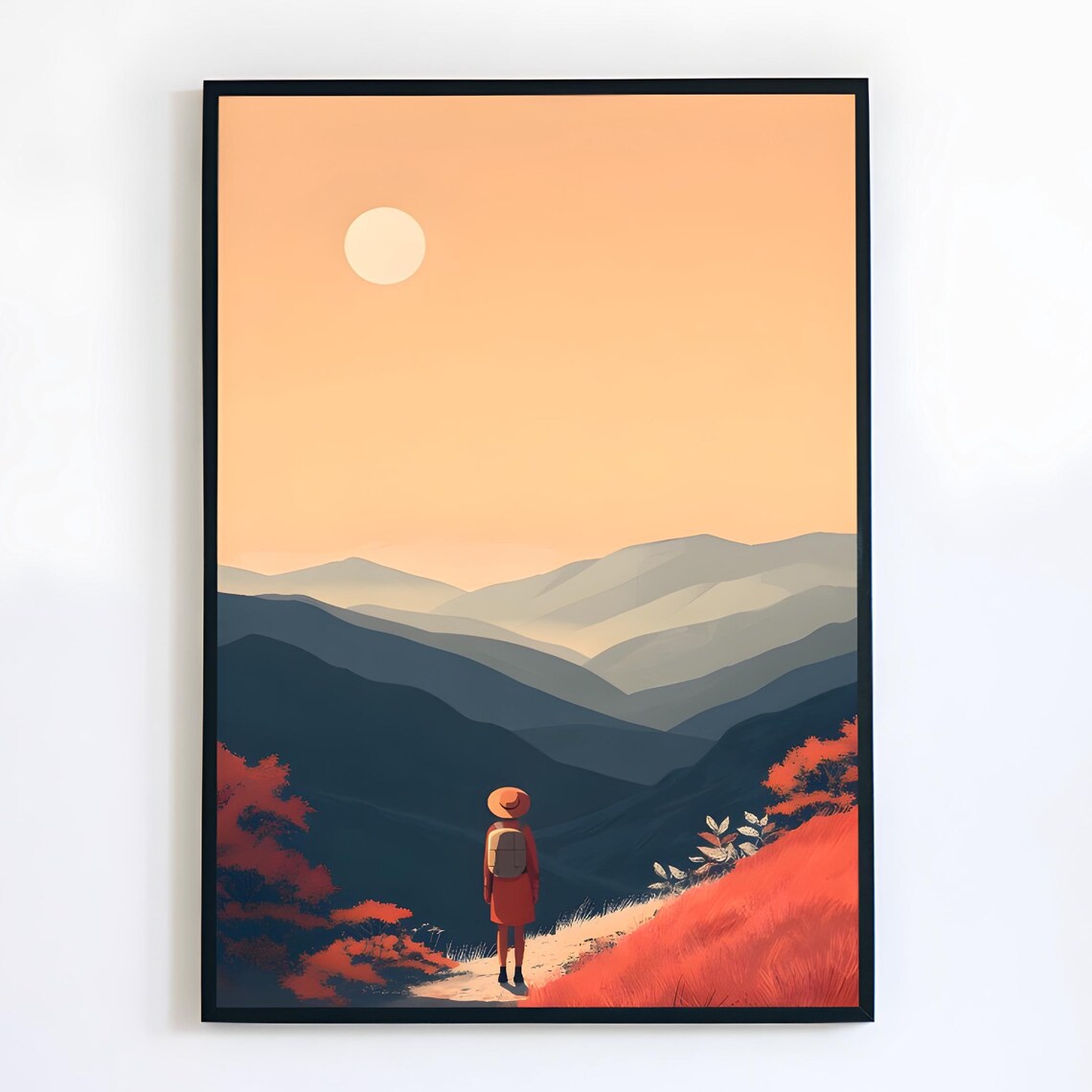 Solo Hiker Overlooking Misty Mountains Sunrise Travel Poster