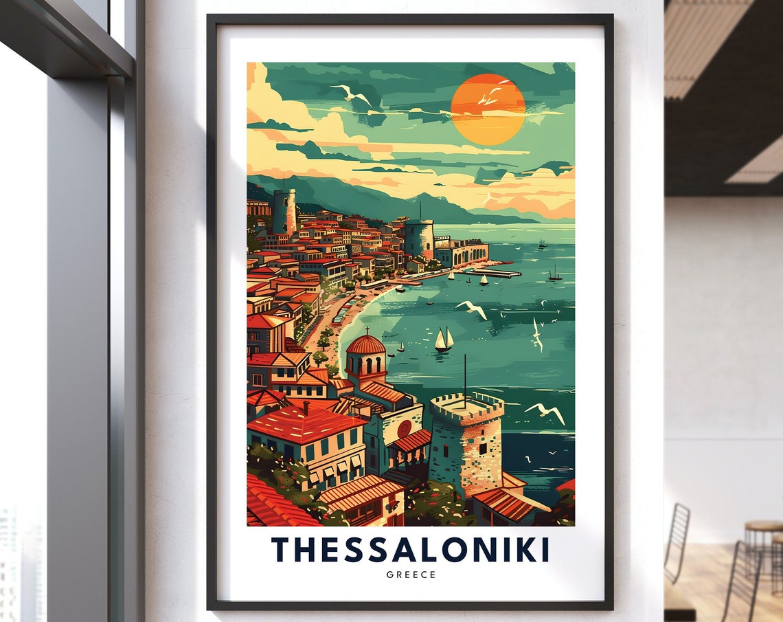 Thessaloniki Greece Coastal Sunset White Tower Retro Travel Poster