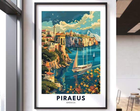 Piraeus Greece Cliff Town Sailing Ship Harbor Vintage Travel Poster