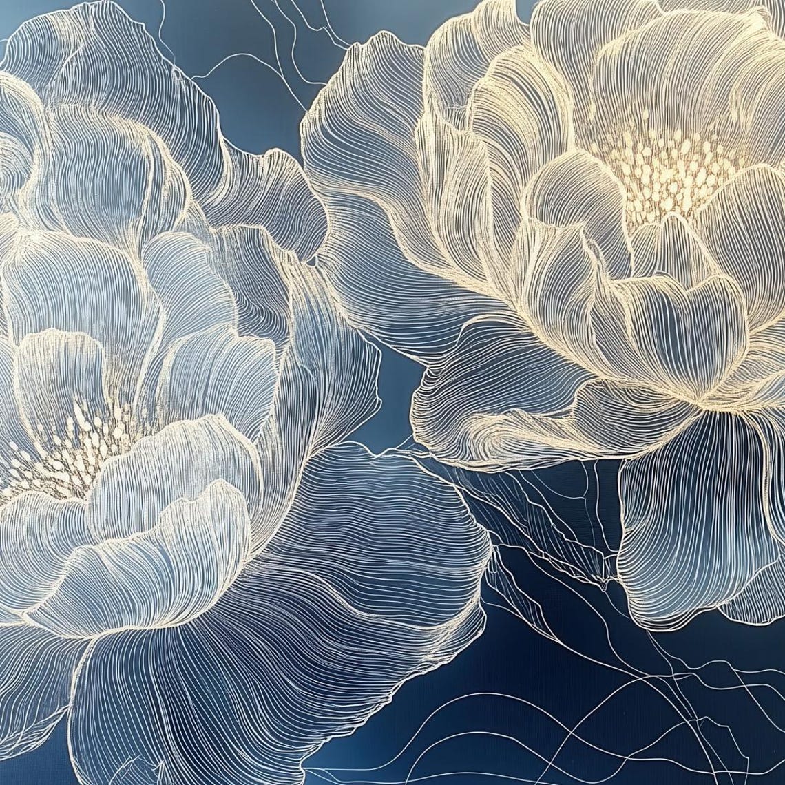 White Line Art Peony Flowers Glowing On Navy Blue Dark Floral Poster - Image 4