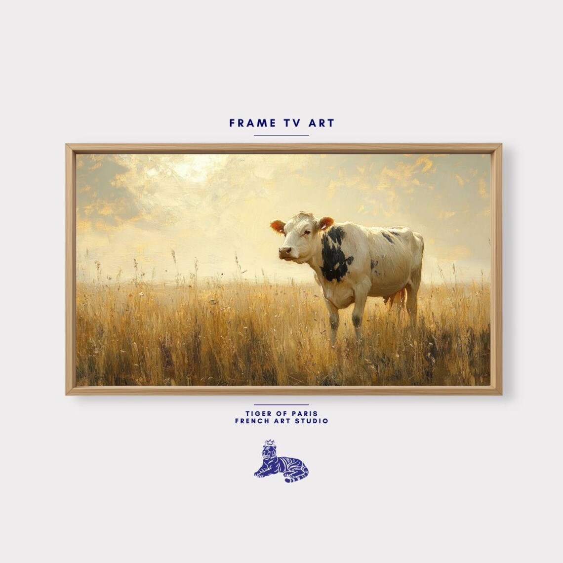 Black White Cow Golden Wheat Field Sunset Farm Animal Vintage Poster