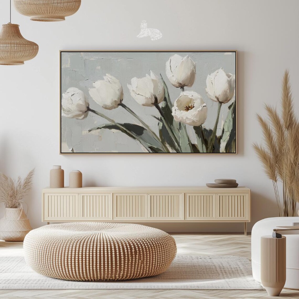 White Tulips Impasto Oil Painting Soft Gray Background Elegant Print - Image 2