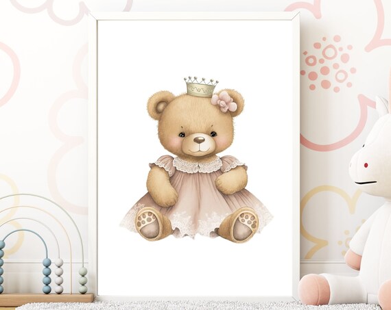 Princess Teddy Bear in a Pink Dress with Crown Nursery Poster