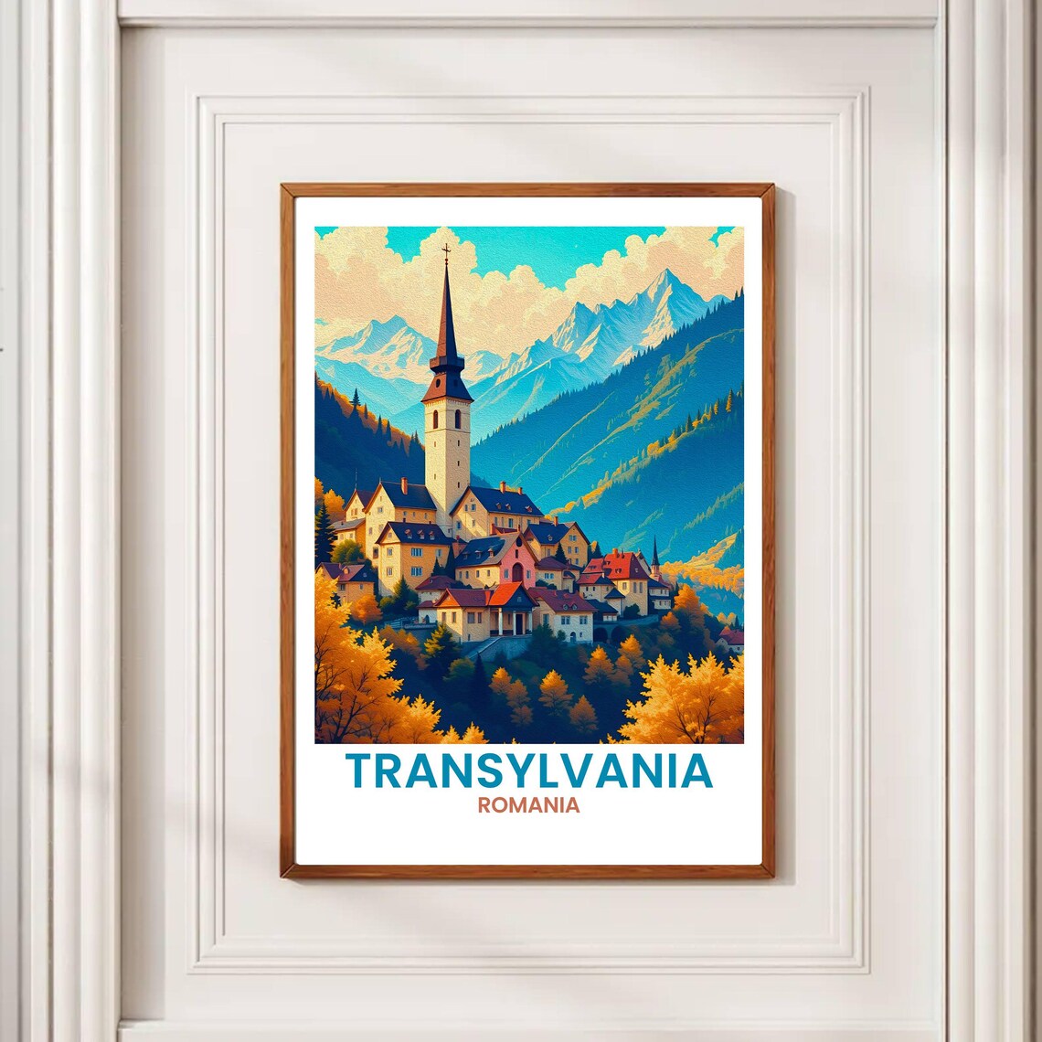 Transylvania Romania Alpine Village Tall Church Travel Poster