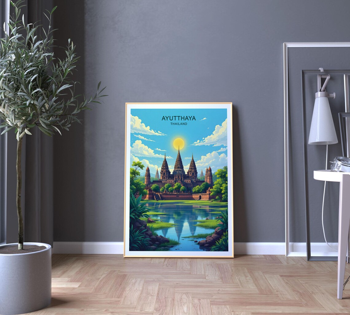Ayutthaya Thailand Ancient Temple Spires Still Water Reflection Poster - Image 5