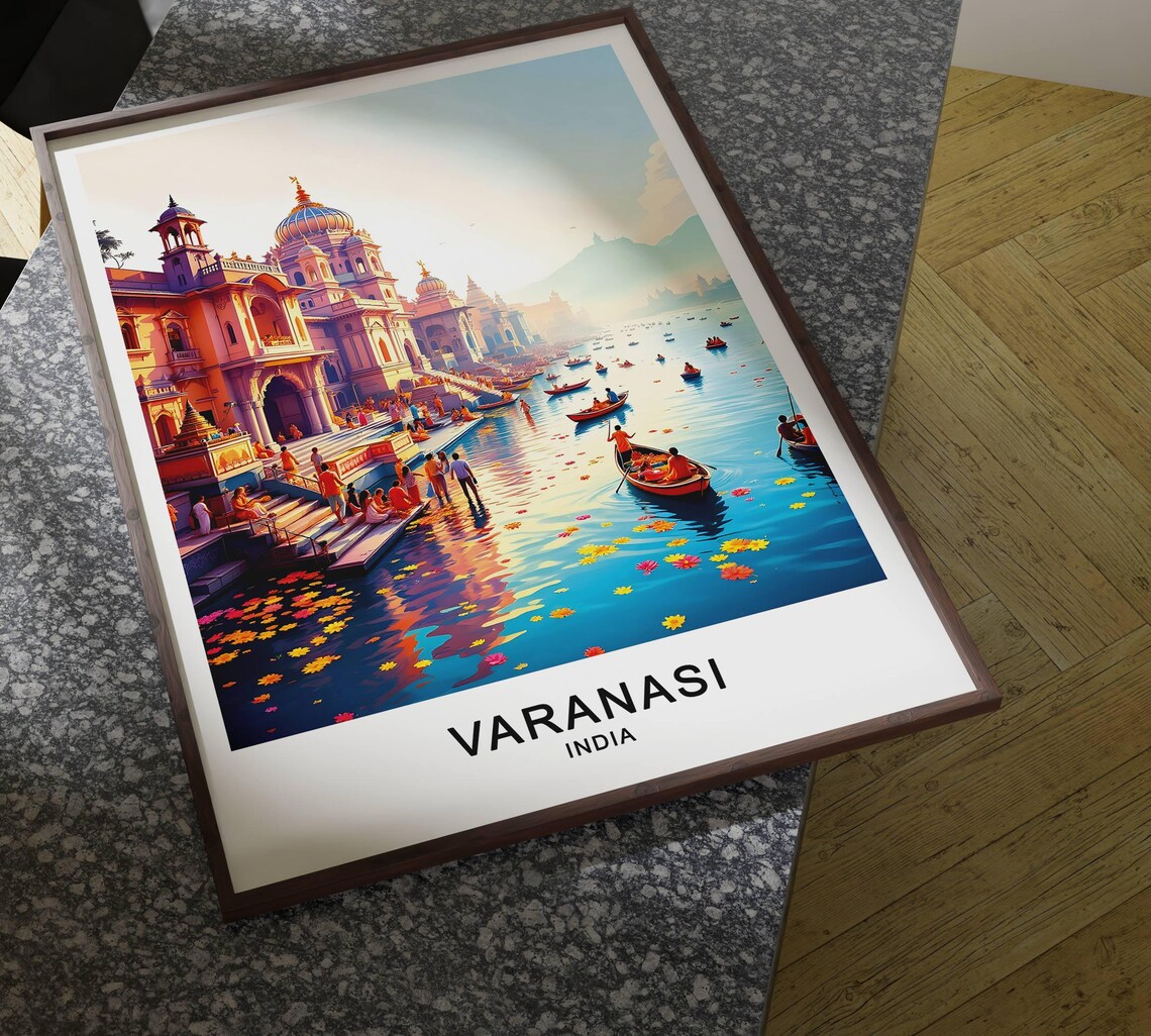 Varanasi India Ganges River Ghats Temple Boats Marigold Morning Poster - Image 3