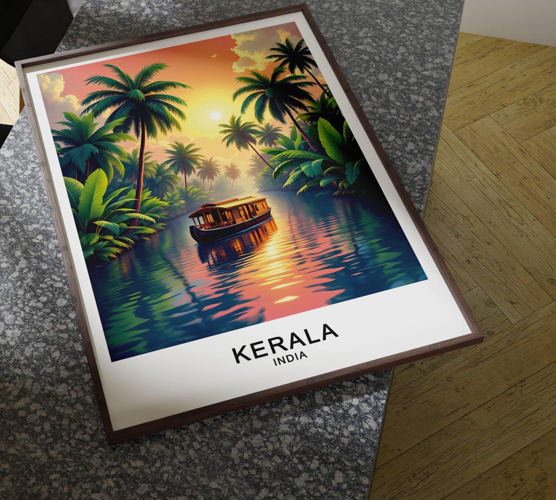 Kerala India Travel Poster Backwaters Palm Trees And Tropical Landscape Wall Art - Image 3