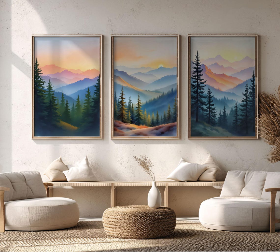 Misty Mountain Forest Enchanted Pines Crimson Sky Wall Art Gift Portrait - Image 5