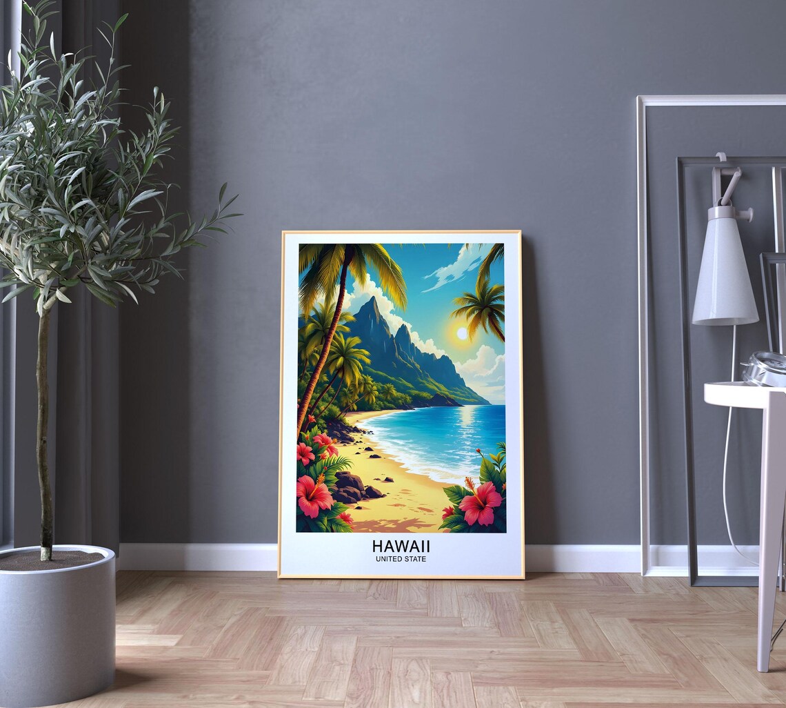 Hawaii Tropical Beach Palm Trees Mountain Ocean Sunset Travel Poster - Image 5