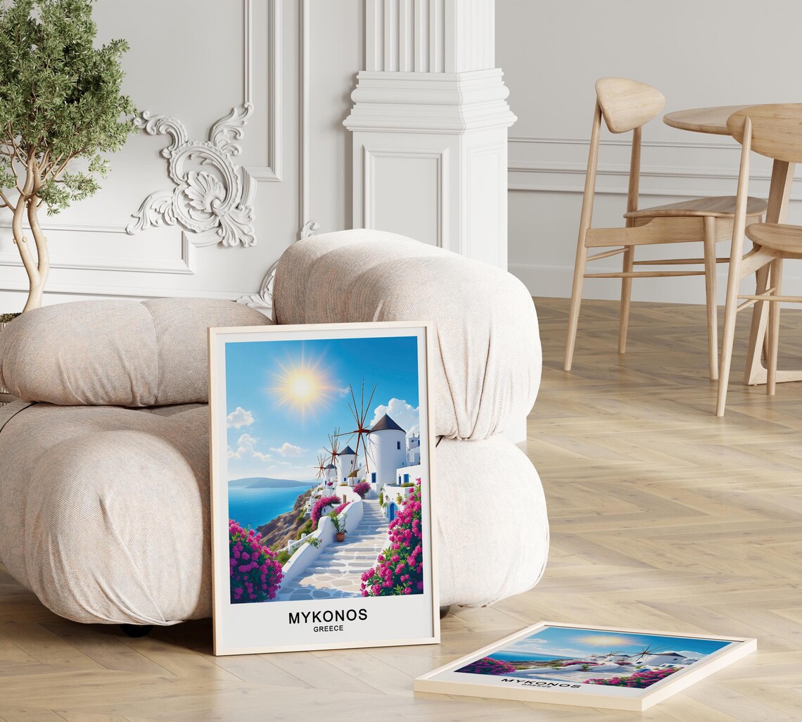 Mykonos Greece Windmills Whitewashed Alley Bougainvillea Sea Poster - Image 3