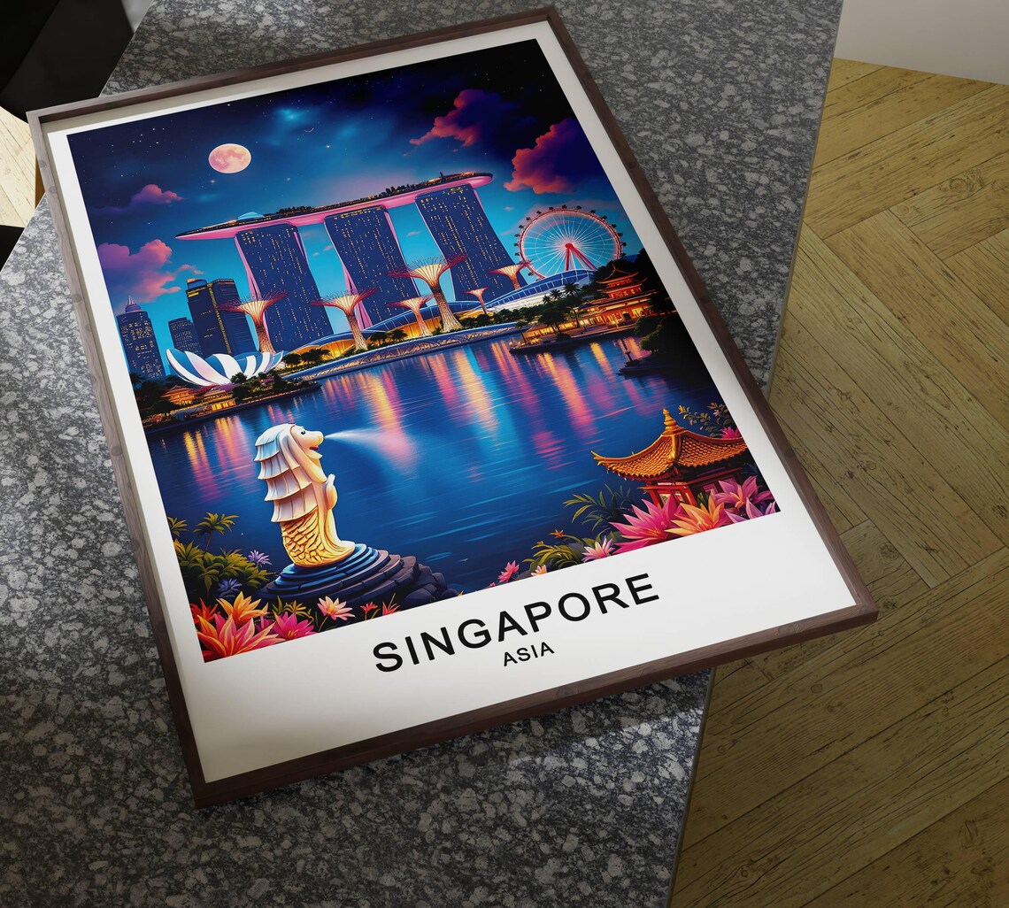 Singapore Marina Bay Sands Merlion Night Skyline Moon Water Reflections Travel Poster - Image 4