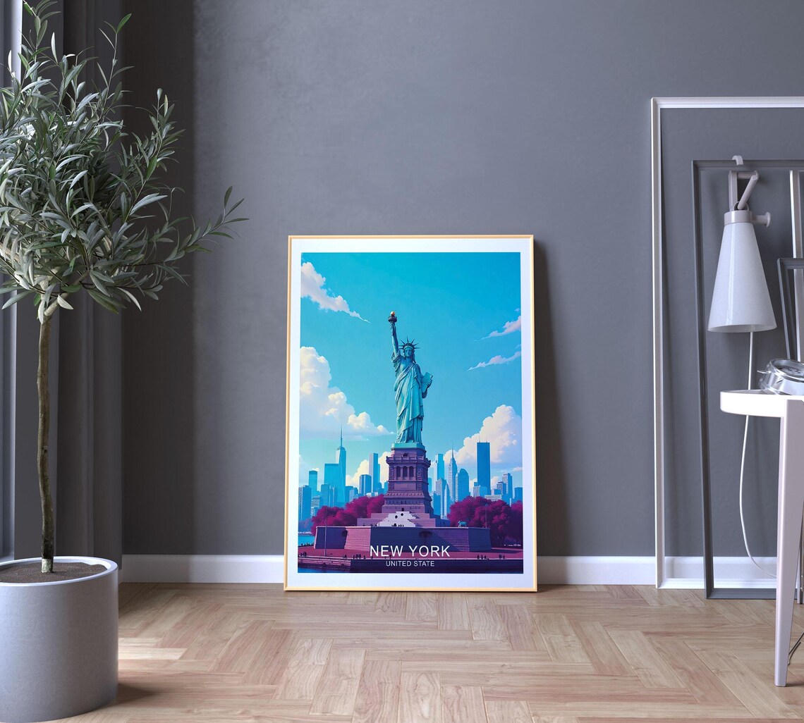 New York Statue of Liberty Blue Sky Manhattan Skyline Travel Poster - Image 5