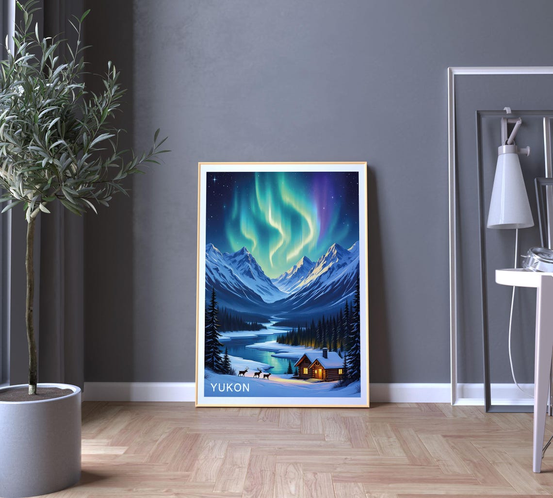 Yukon Canada Northern Lights Snowy Cabin Deer Winter Night Poster - Image 5