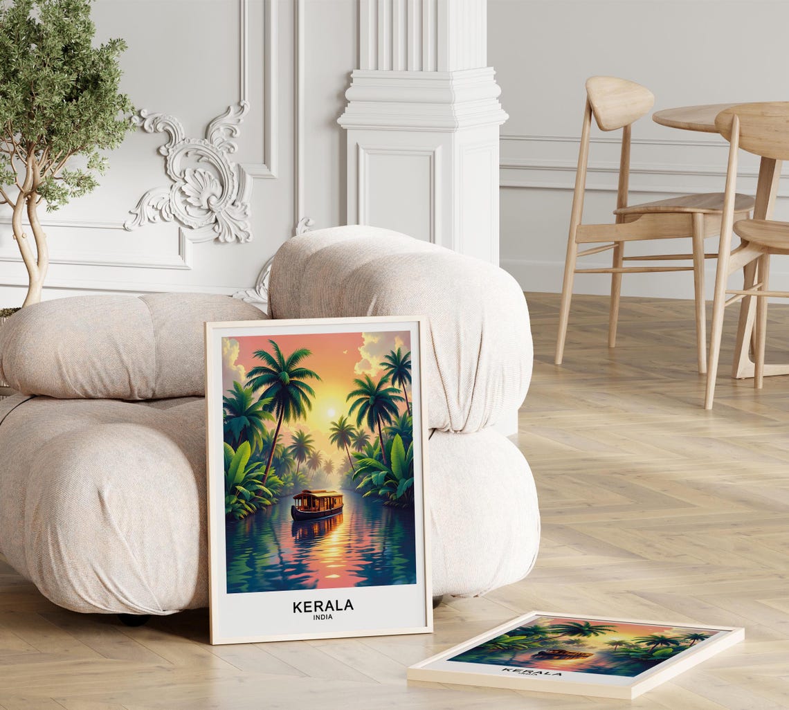Kerala India Travel Poster Backwaters Palm Trees And Tropical Landscape Wall Art - Image 2