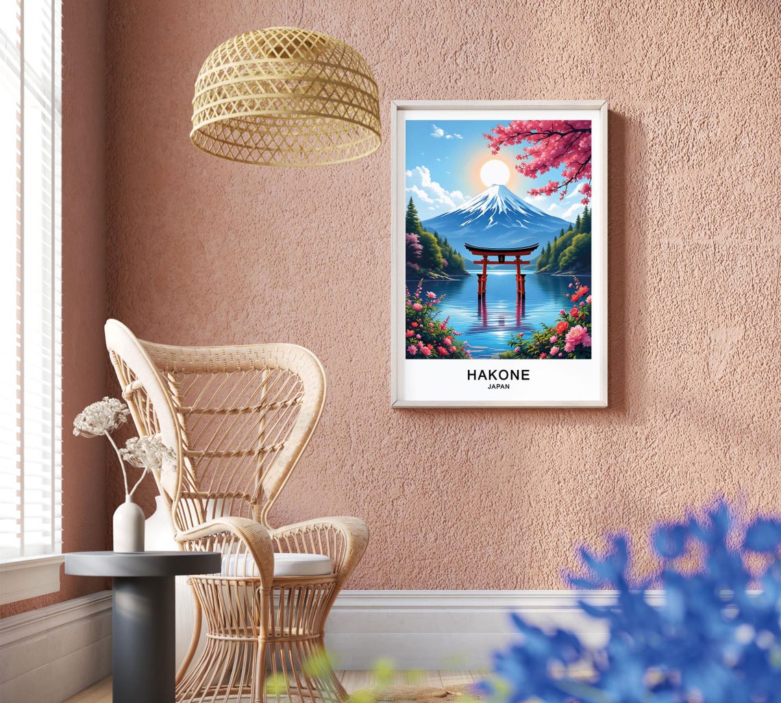 Hakone Japan Mount Fuji Red Torii Gate Lake Ashi Cherry Blossom Poster - Image 2