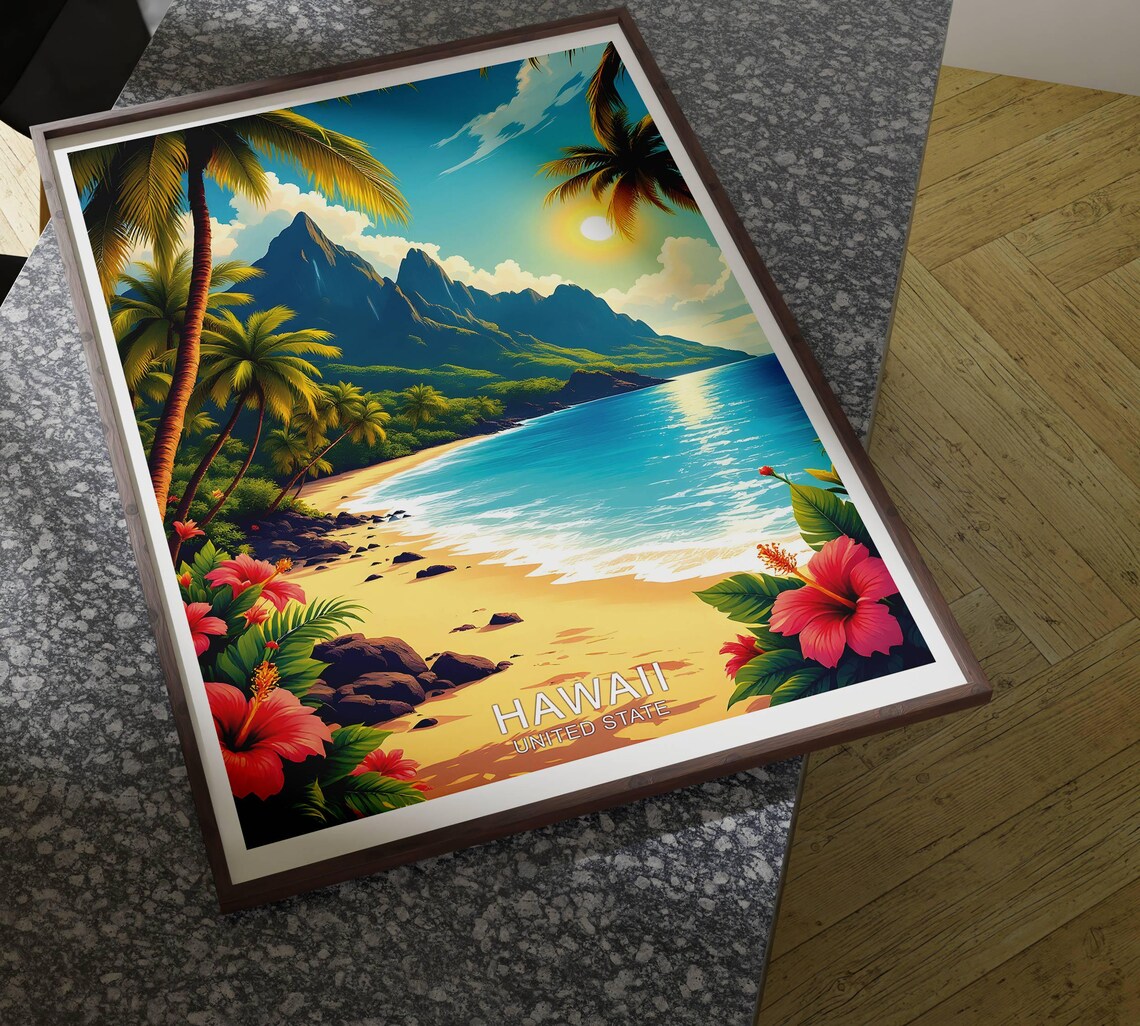 Hawaii Tropical Beach Palm Trees Mountain Ocean Sunset Travel Poster - Image 4