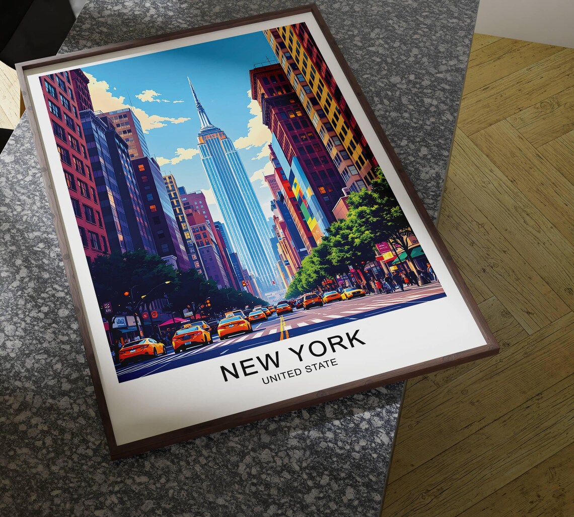 New York Empire State Building Street Yellow Cabs City Travel Poster - Image 4