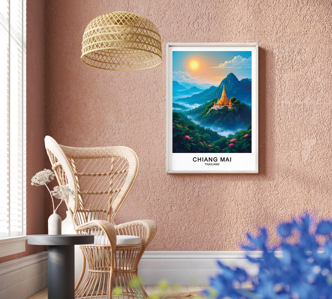 Chiang Mai Thailand Golden Mountain Temple Misty Sunrise Poster - Image 2