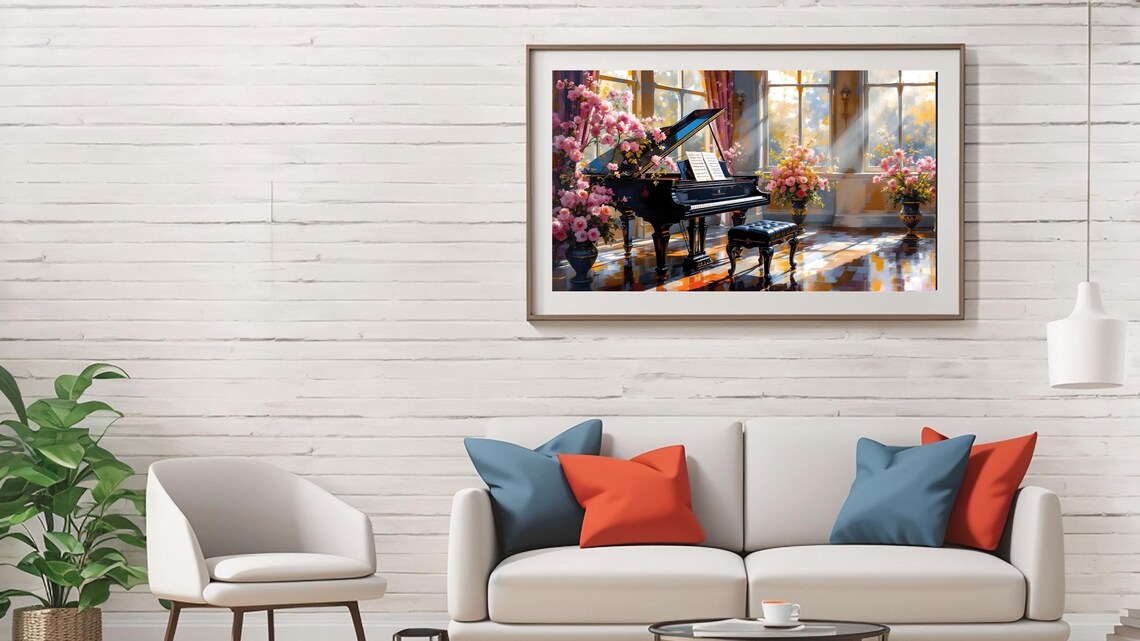 Grand Piano Pink Flowers Sunlit Music Room Elegant Wall Art Print - Image 2