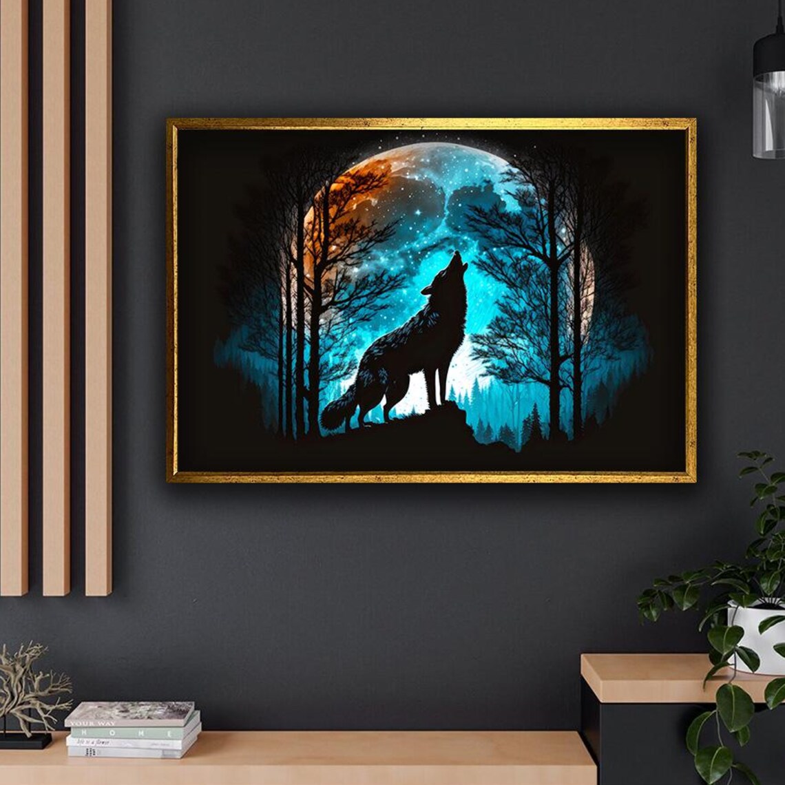 Howling Wolf Full Moon Night Forest Silhouette Wildlife Wall Art Poster