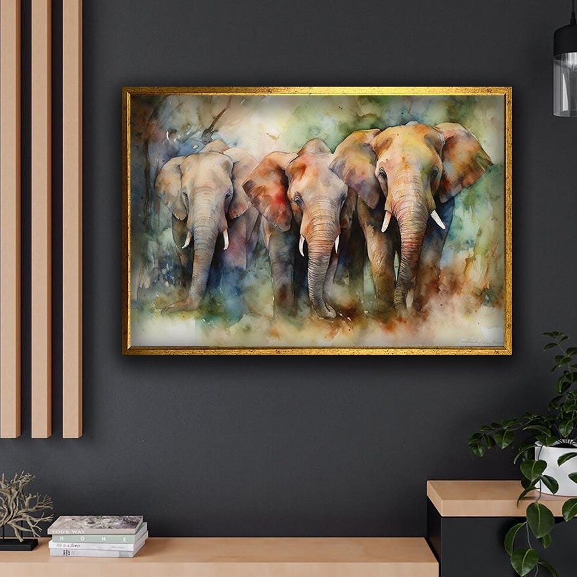Three Elephants Walking Forward in Soft Watercolor Earth Tones Poster
