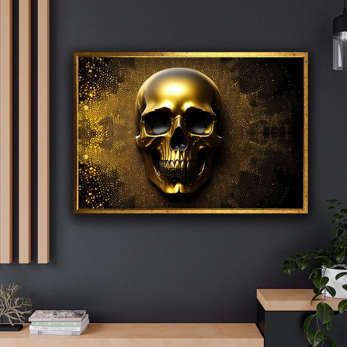 Gold Skull Glitter Gothic Black Background Metallic Skull Wall Art Poster