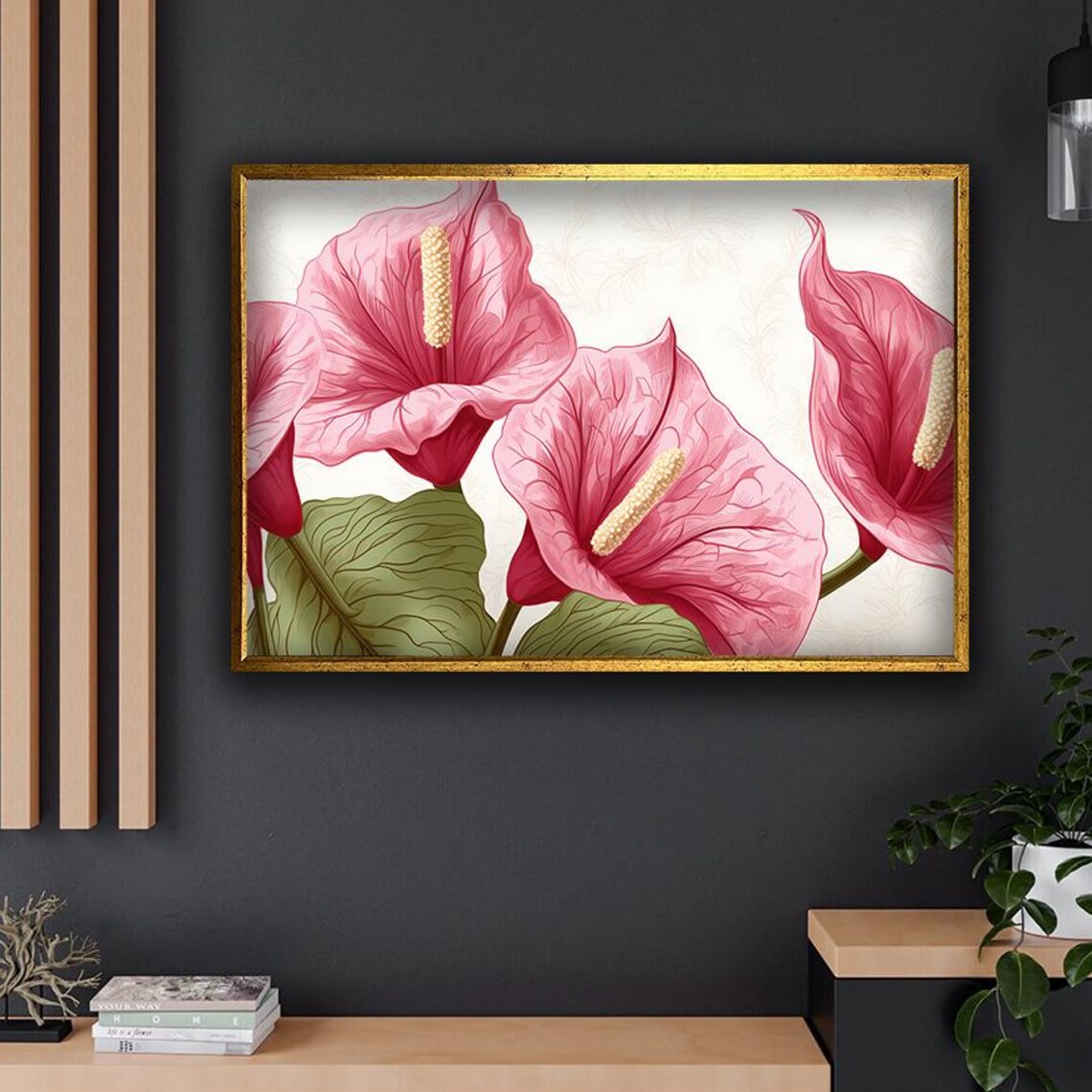 Pink Anthurium Flowers Close Up Detailed Botanical Tropical Poster