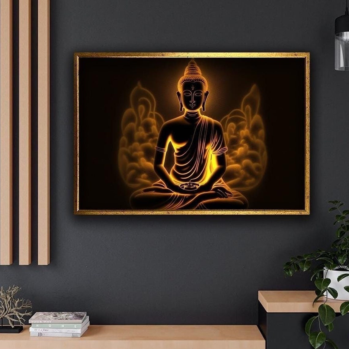 Gold Buddha Meditating Black Background Zen Buddhism Art Poster