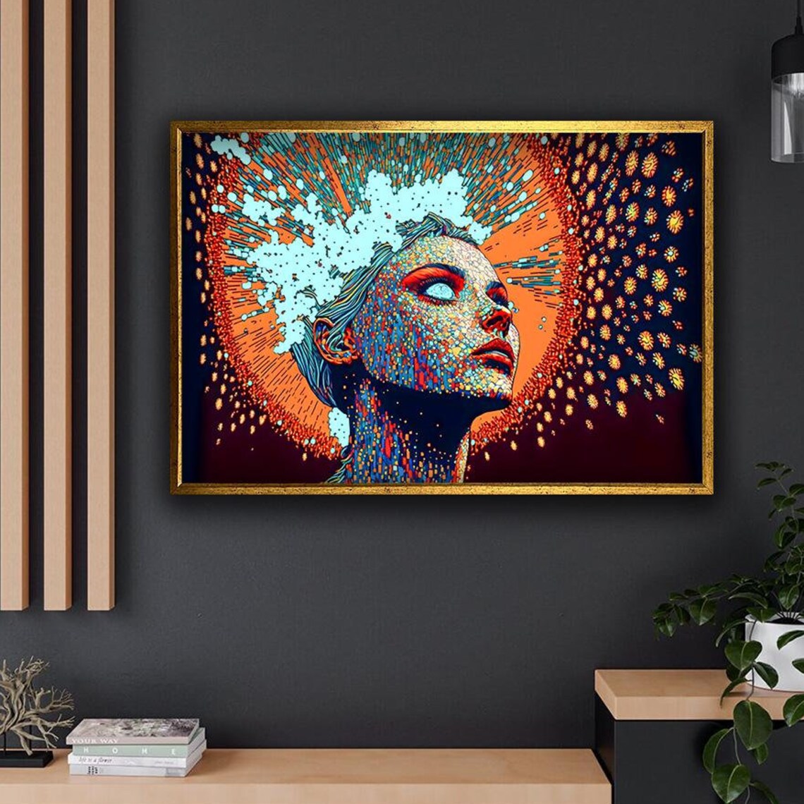 Blue Eyed Woman Mosaic Dot Portrait Fiery Orange Burst Wall Art