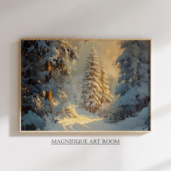 Vintage Fir Tree Painting Prints Snow Covered Tree Wall Art Holiday Winter Farmhouse Decor Painting W194