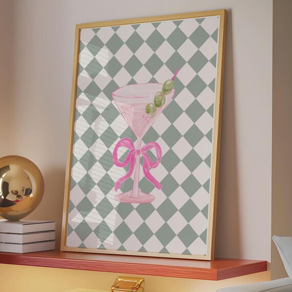 Pink Martini Glass Bow Olive Retro Cocktail Bar Cart Wall Poster