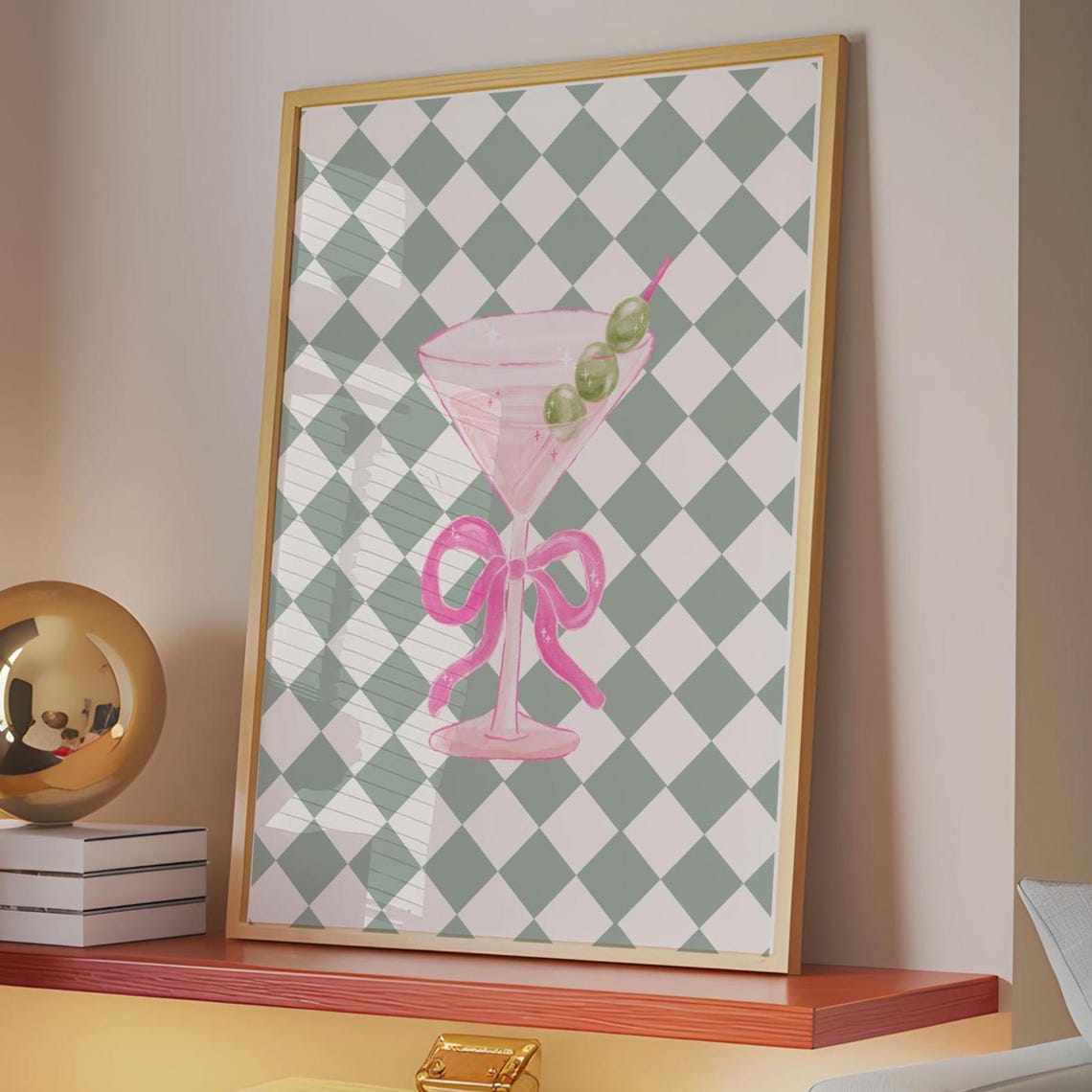 Pink Martini Glass Bow Olive Retro Cocktail Bar Cart Wall Poster