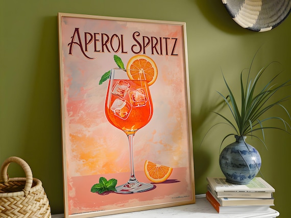 Aperol Spritz Pink Vintage Cocktail Art Print With Orange Slice