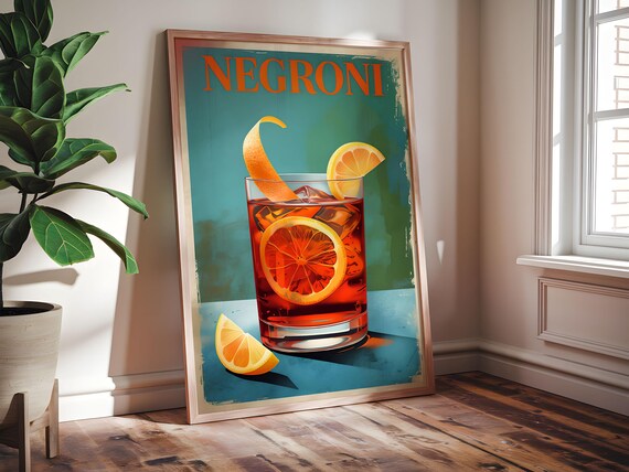 Negroni Classic Cocktail Vintage Teal Bar Illustration Poster