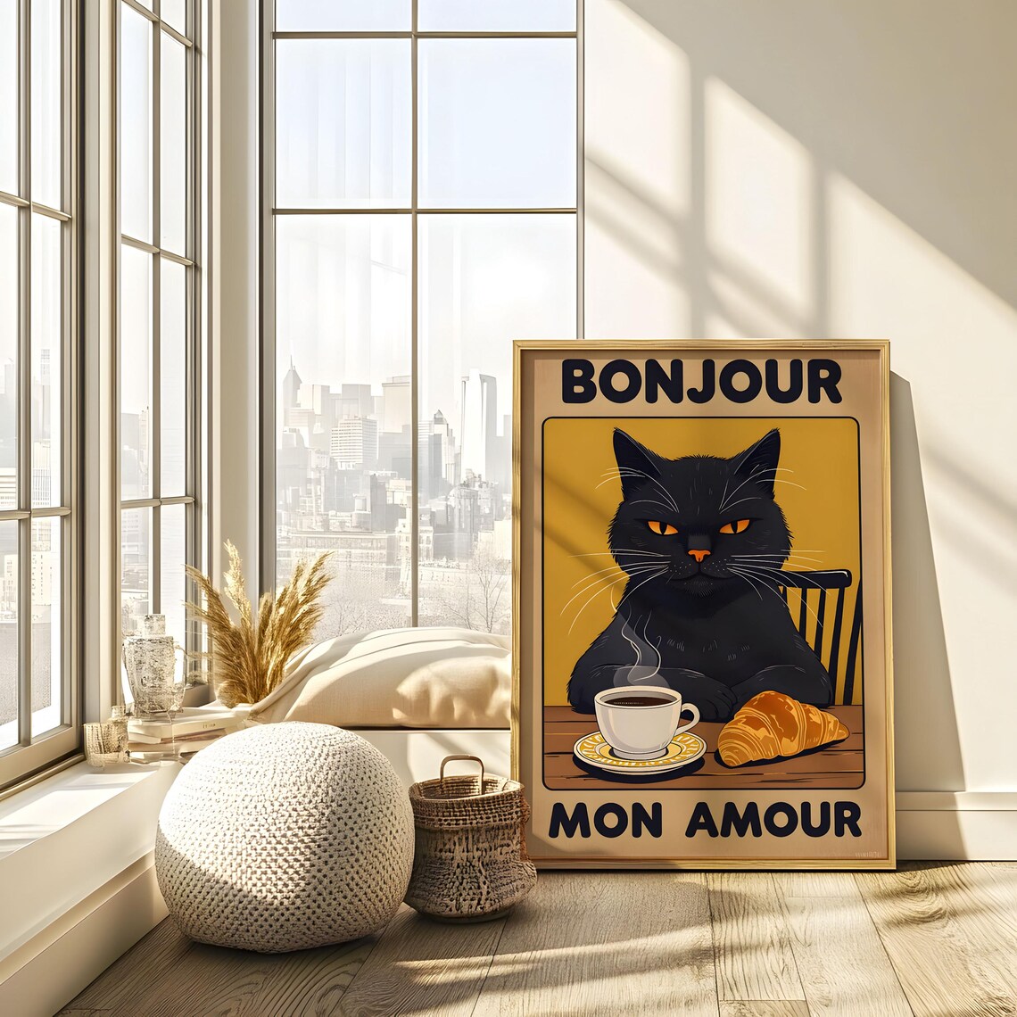 Bonjour Mon Amour Cat Portrait, Retro Style - Image 3