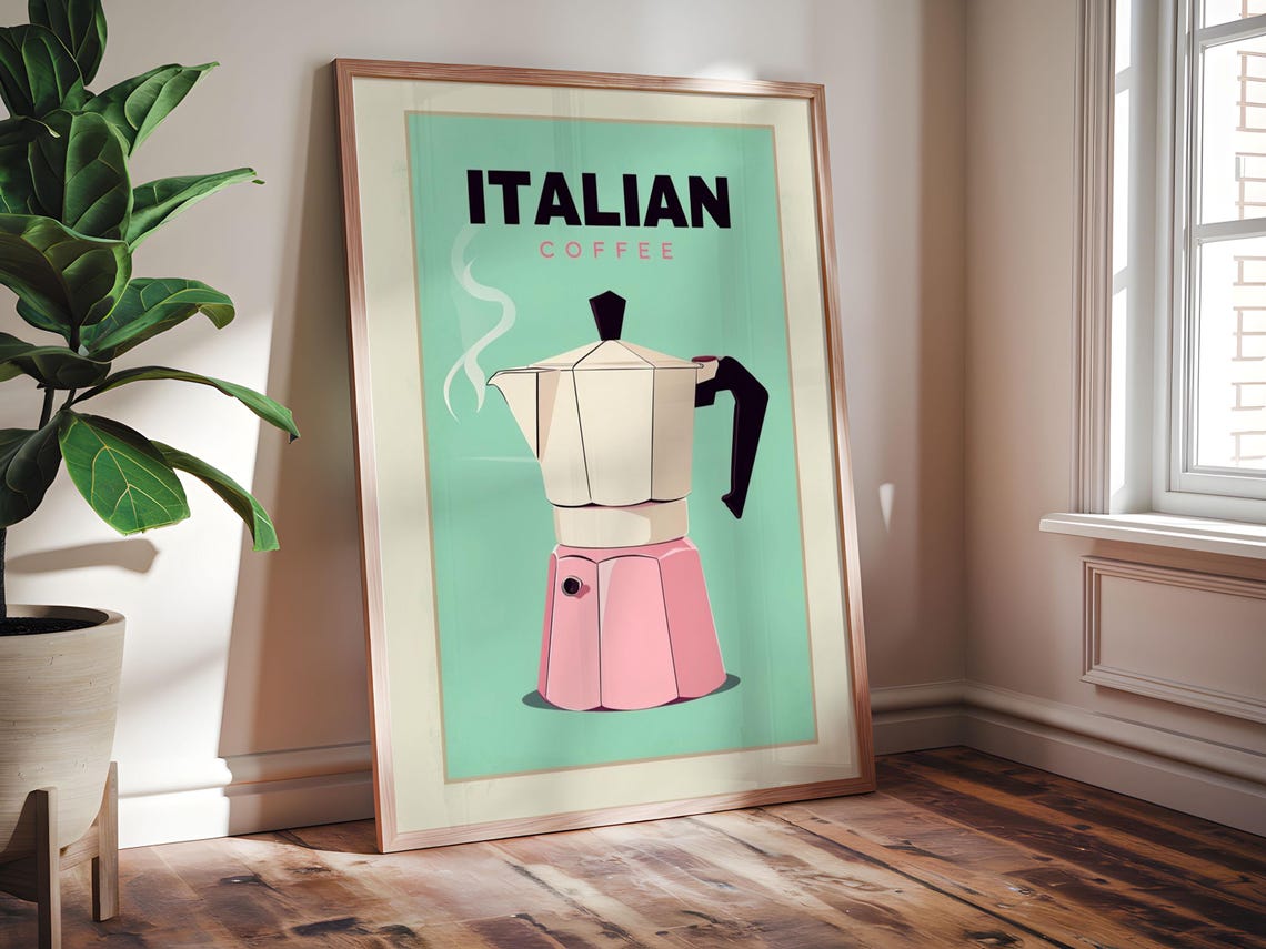 Italian Coffee Moka Pot Retro Pastel Green Pink Kitchen Wall Poster