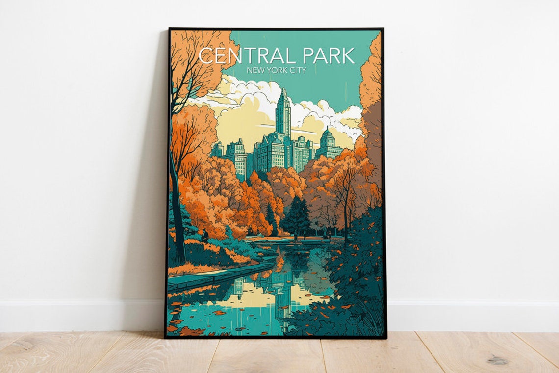 Central Park New York City Autumn Skyline Reflection Travel Poster