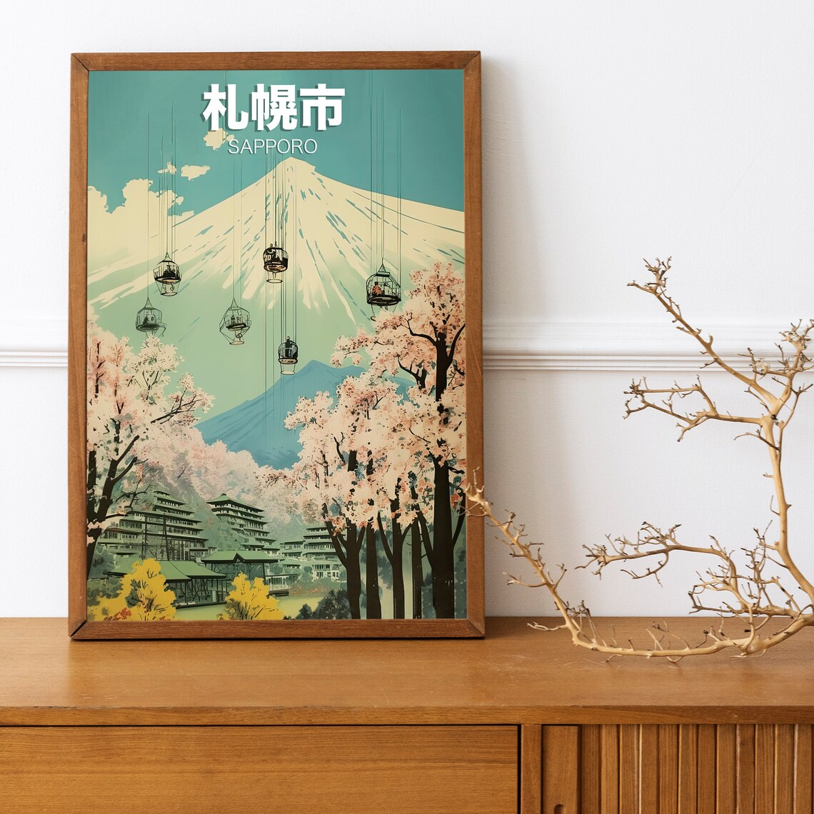 Sapporo Japan Cherry Blossom Cable Car Mountain Vintage Travel Poster - Image 2