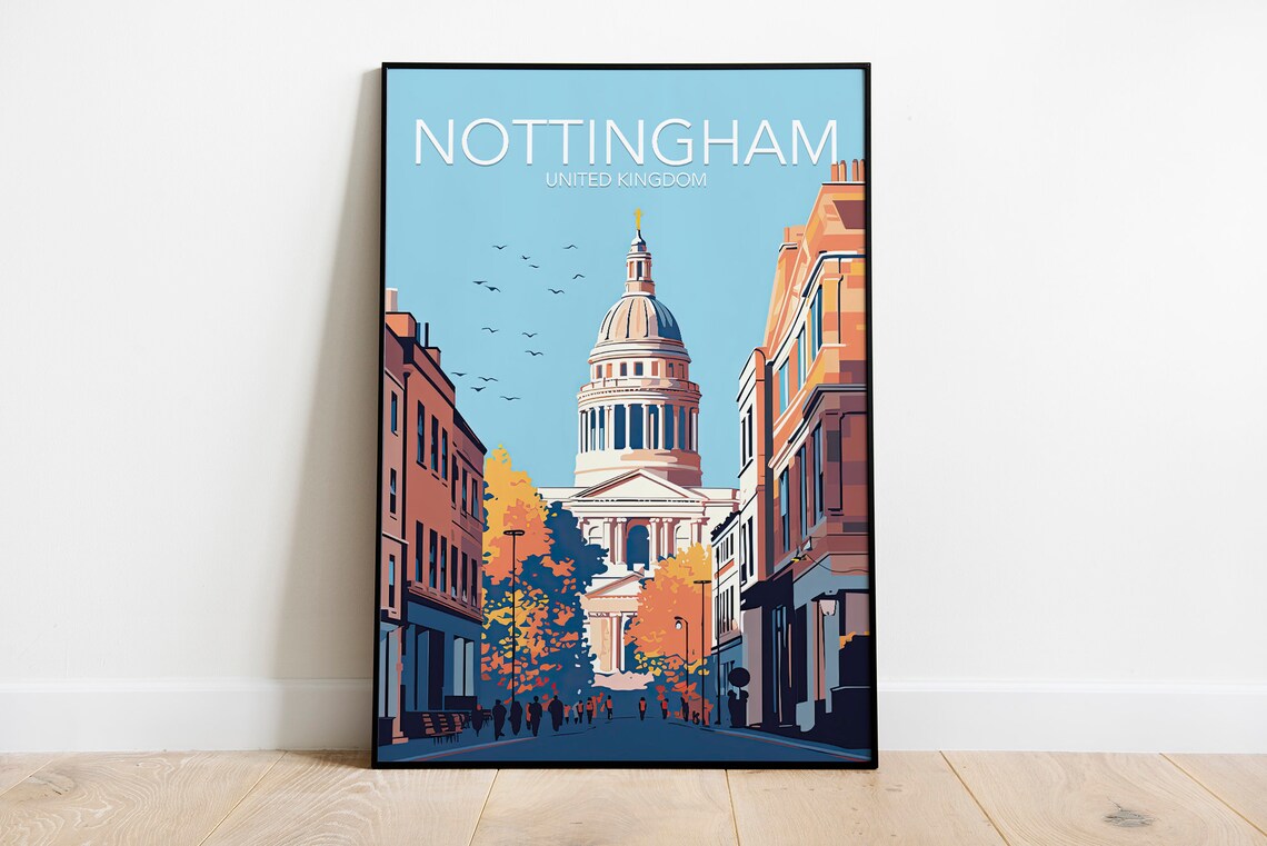 Nottingham England Historic City Street Cathedral Dome Skyline Poster