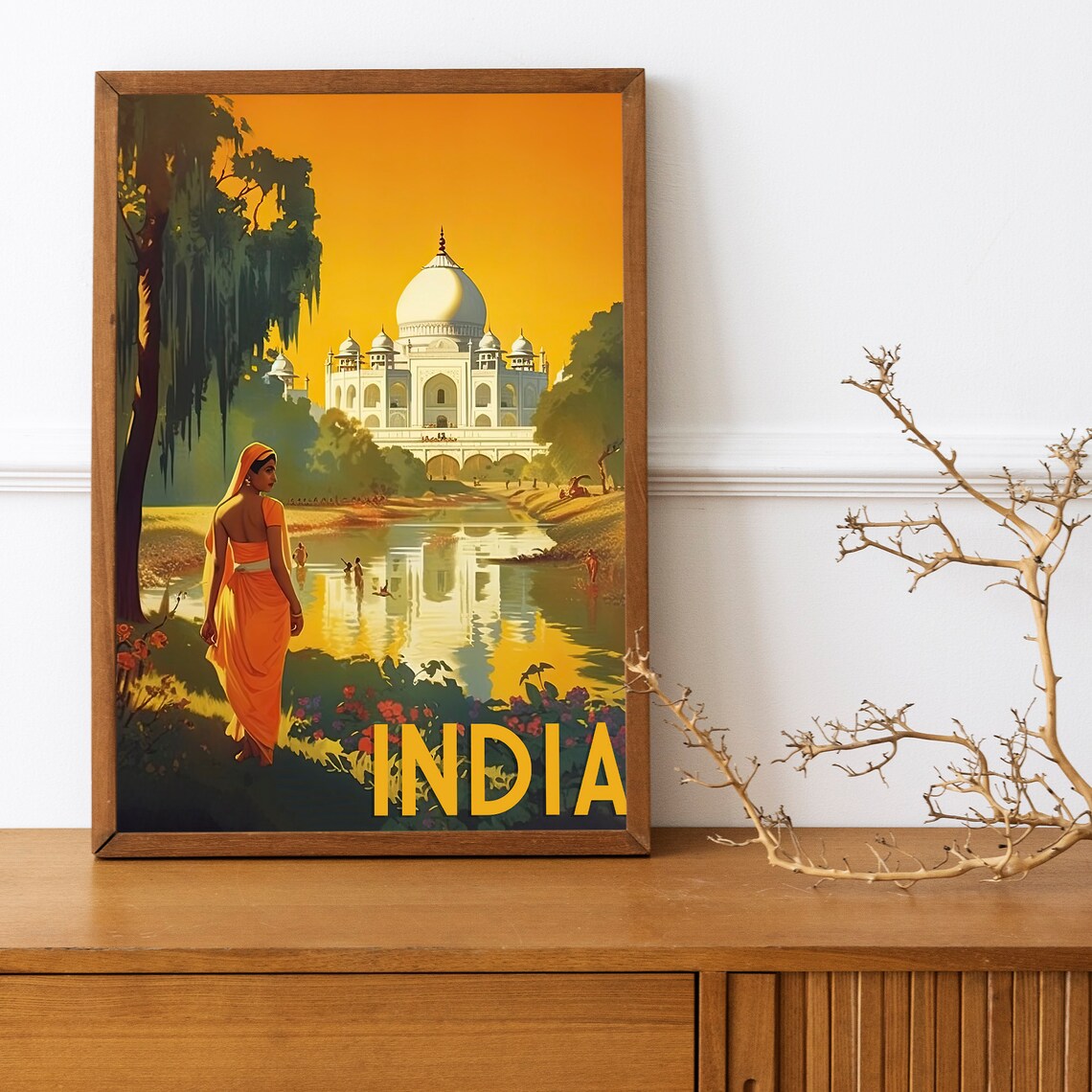 India Taj Mahal Golden Sunset Reflection Vintage Travel Poster - Image 2