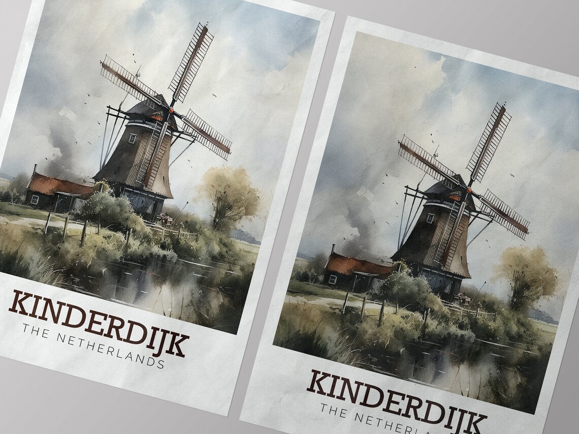 Kinderdijk Netherlands Windmill Watercolor Countryside Travel Poster - Image 3