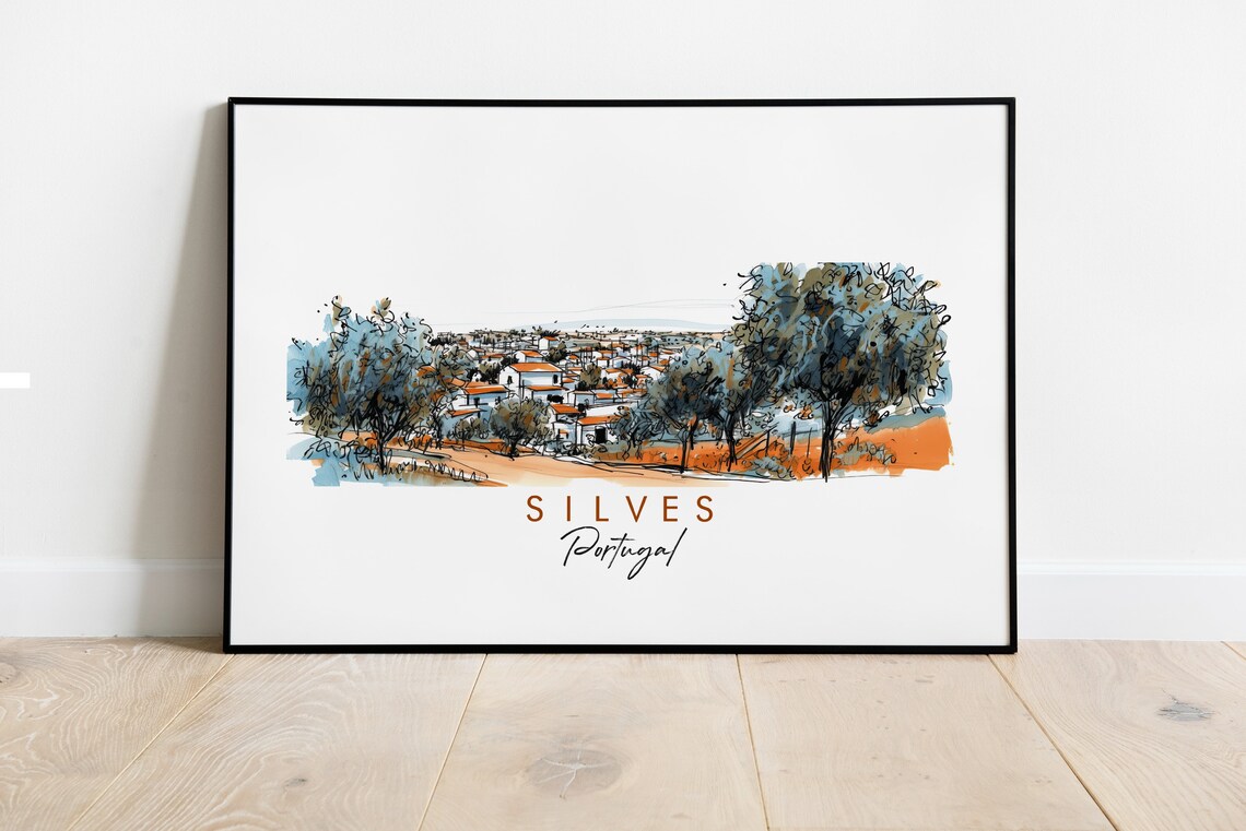 Silves Portugal Historic Olive Grove Hillside Watercolor Poster