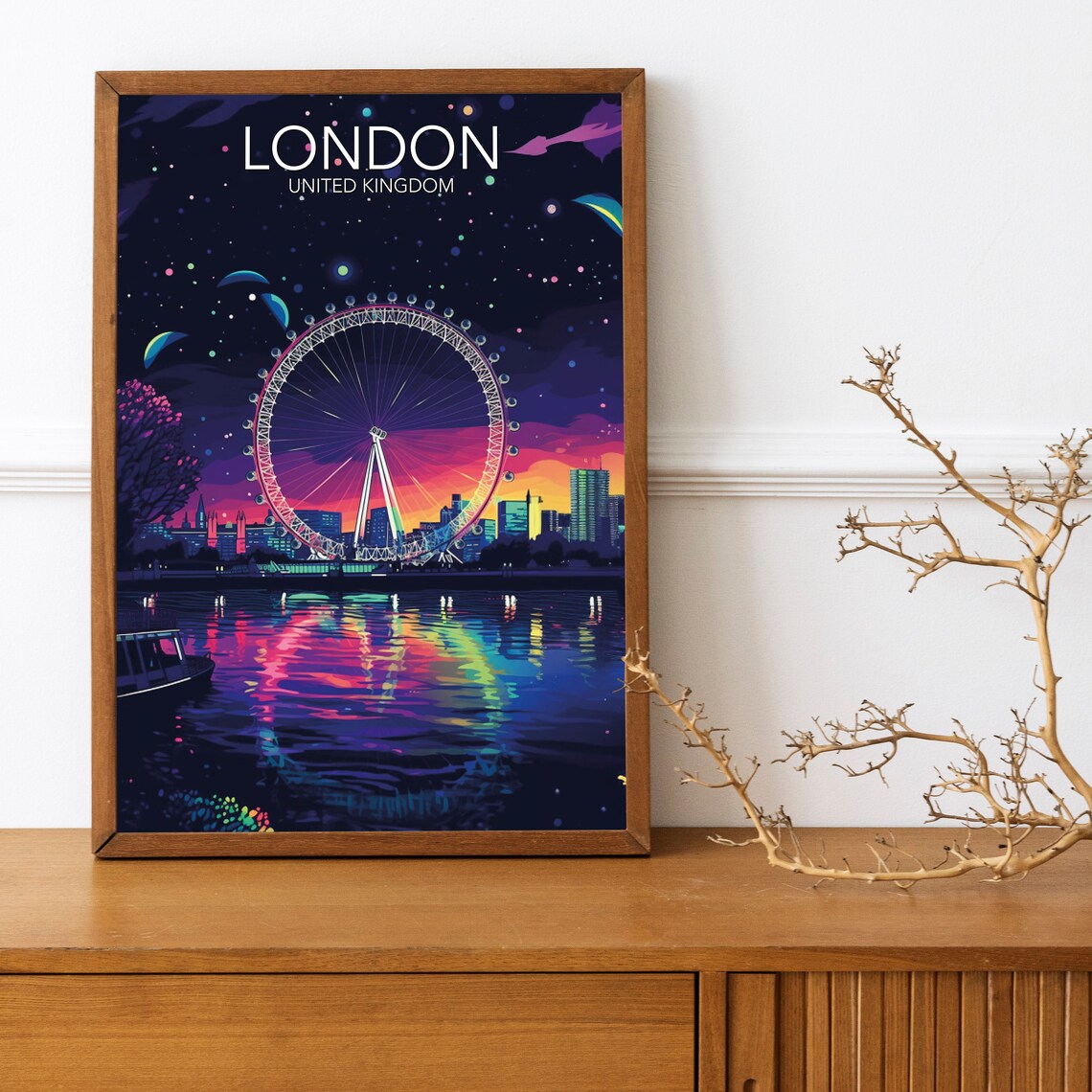 London Eye Ferris Wheel Night Sky Neon Colors Modern Travel Poster
