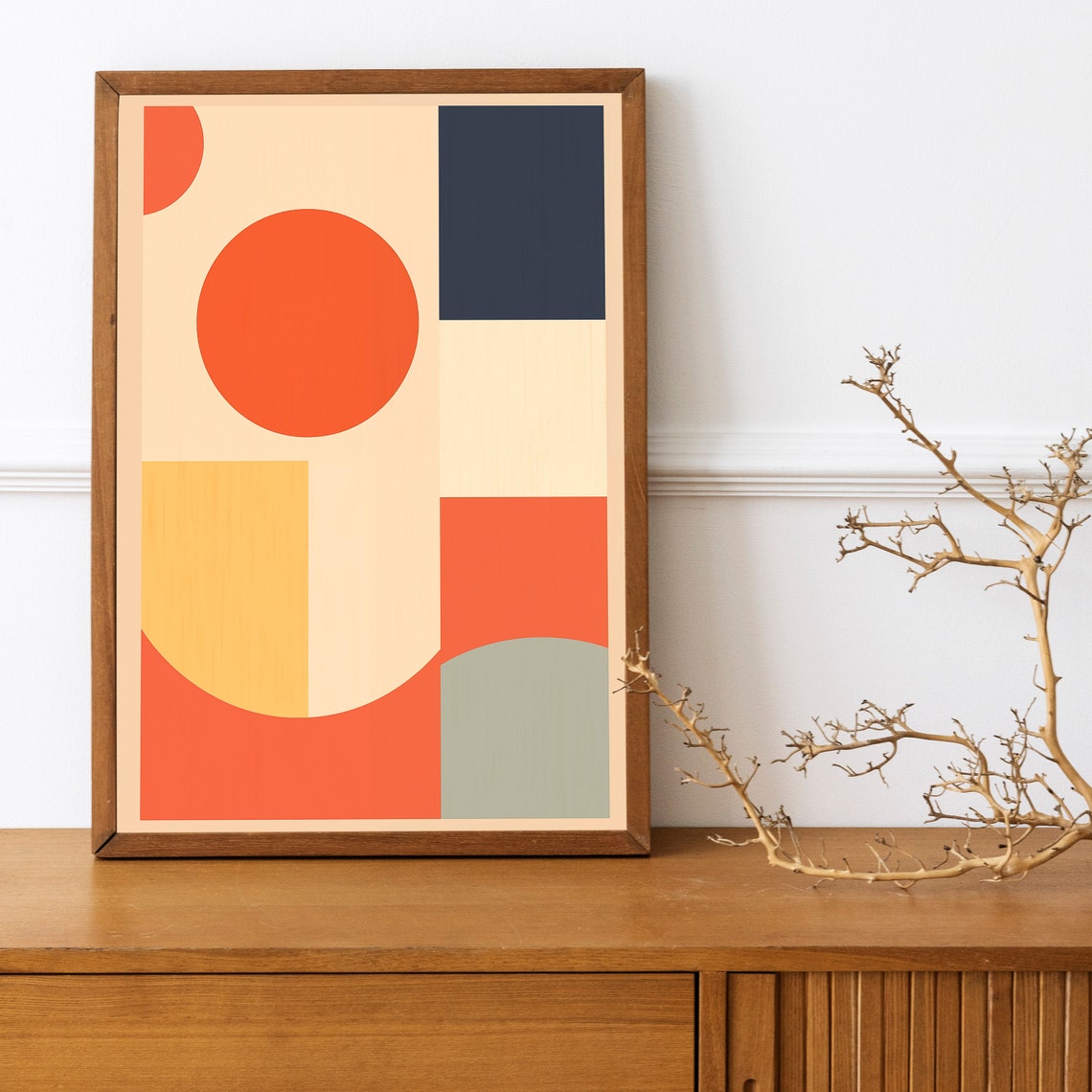 Bauhaus Geometric Circle Blocks Coral Navy Beige Abstract Art Print - Image 3