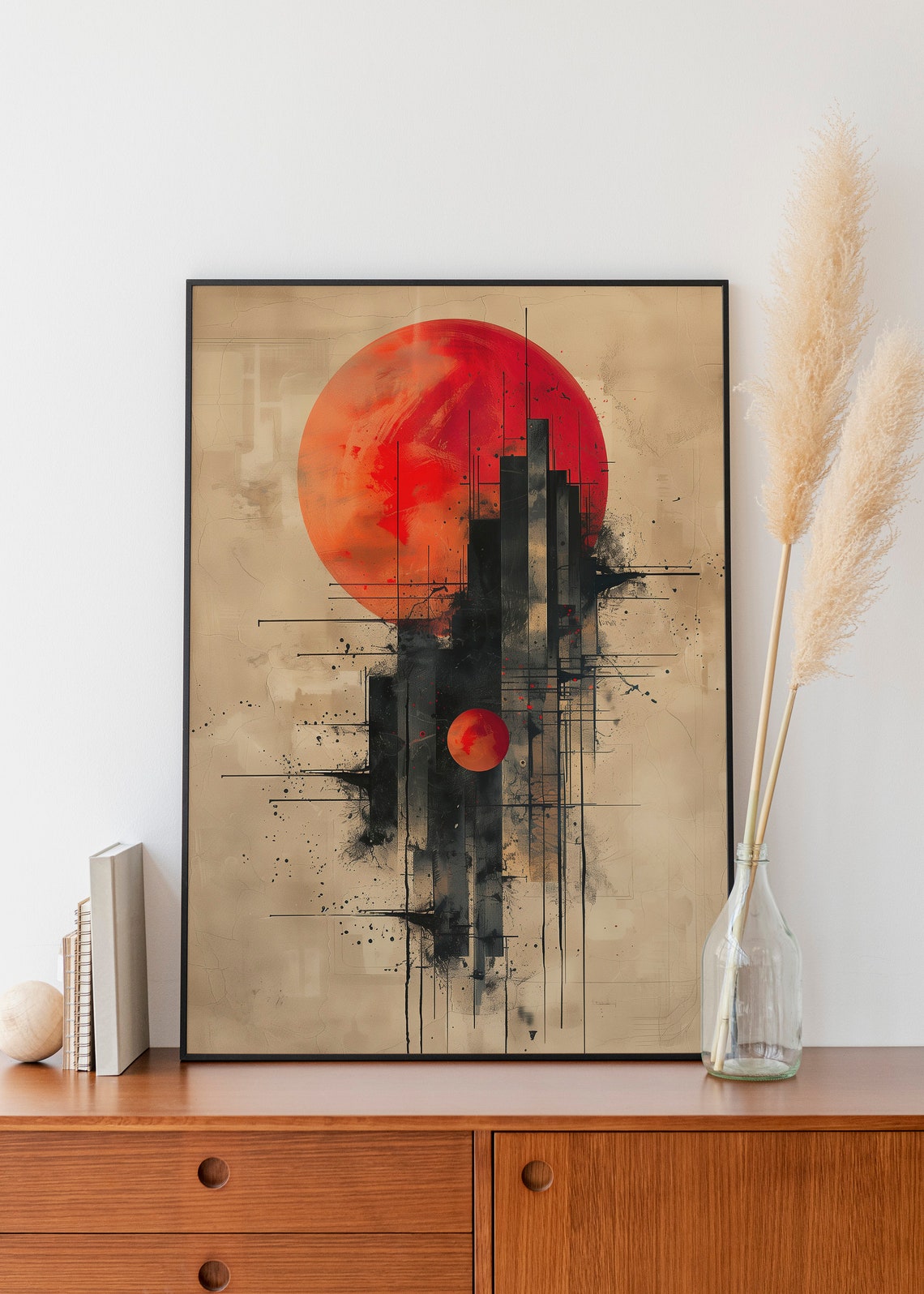 Red Sun Black Abstract City Skyline Minimalist Boho Art Print
