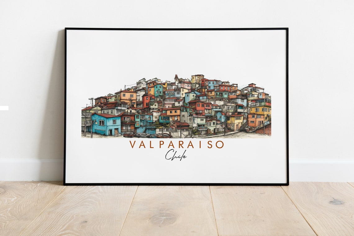 Valparaiso Chile Colorful Hillside Houses Ink Watercolor Poster