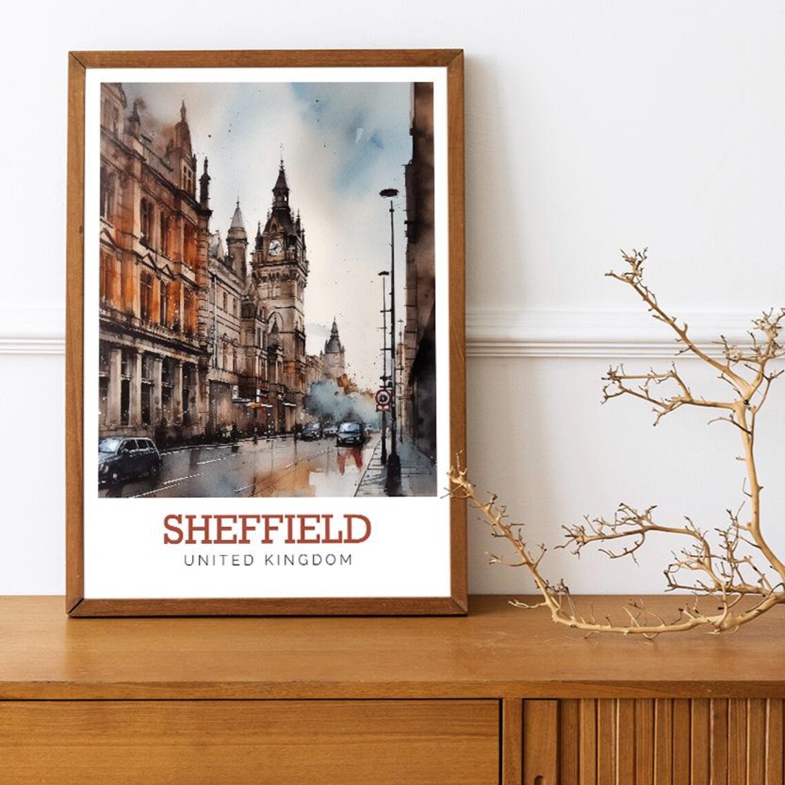 Sheffield England Clock Tower Street Watercolor United Kingdom Poster - Image 3