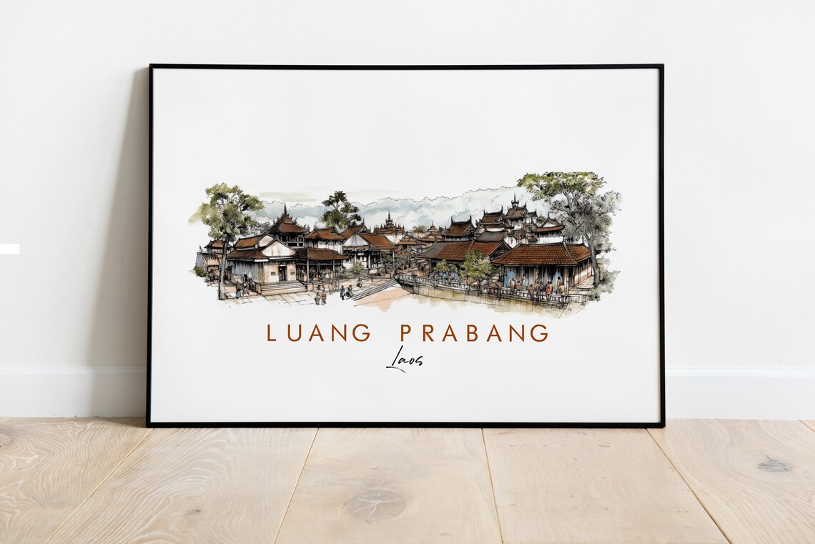Luang Prabang Laos Temple Town Watercolor Ink Sketch Art Poster