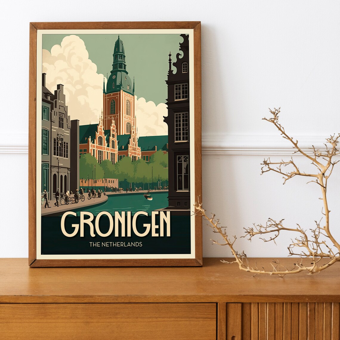 Groningen Netherlands Canal Church Tower Vintage Travel Poster